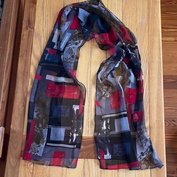 Kenneth Cole 100% Silk Abstract Print Scarf Made in USA Gold Red Gray Geometric - Picture 1 of 8